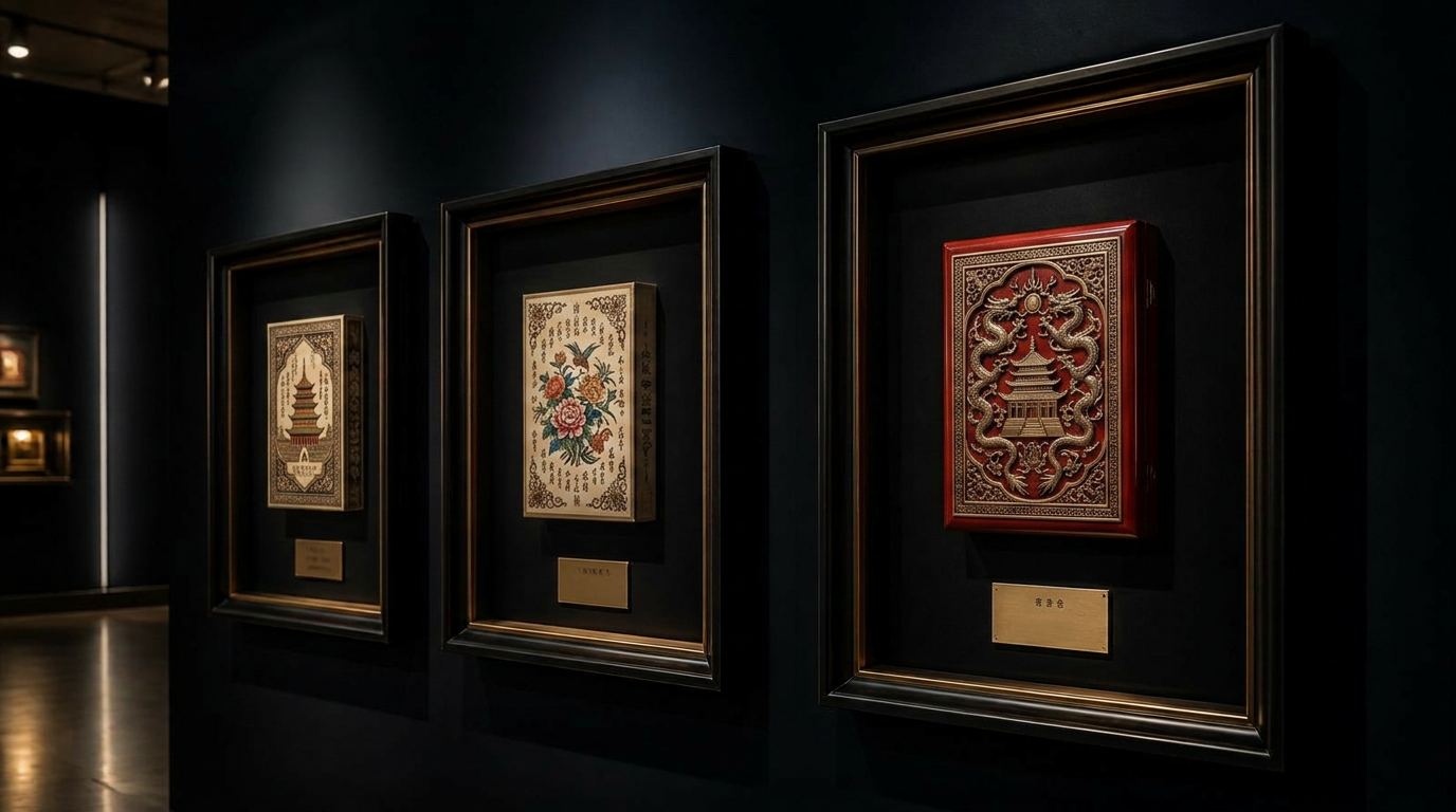 Three collector shadowbox frames of vintage packaging art