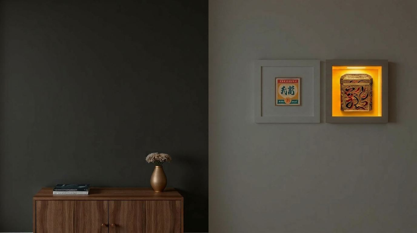 Bare wall versus the same wall featuring a CN Framing artwork
